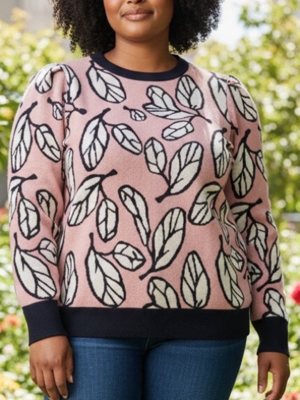 PUFF SLEEVE SWEATER. ANNE KLEIN PULLOVER. PINK & BLACK LEAVES JACQUARD. SIZE XL
